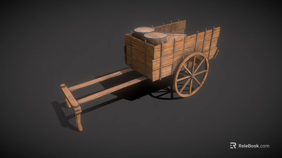 Vintage Wooden Cart With Slatted Structure And Barrels On Spoked Wheels 3d model 