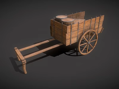 Vintage Wooden Cart With Slatted Structure And Barrels On Spoked Wheels 3d model