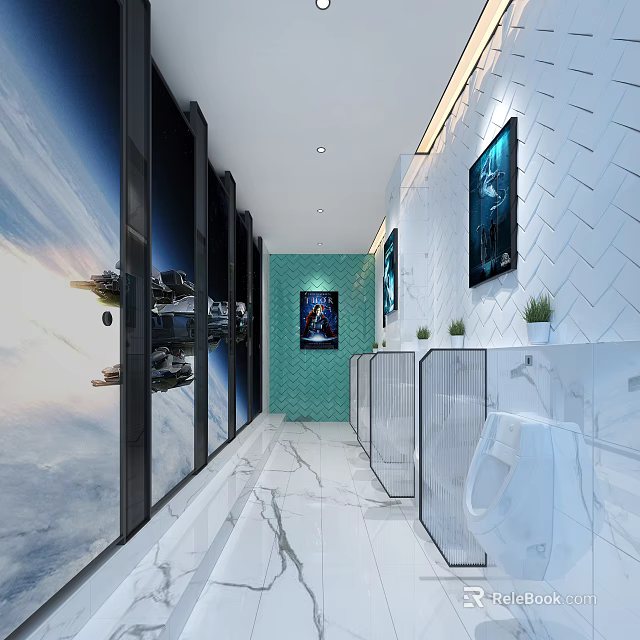 Modern Hotel Bathroom Interior With Marble Floor Glass Partitions Green Plants And Decorative Paintings 3d model 