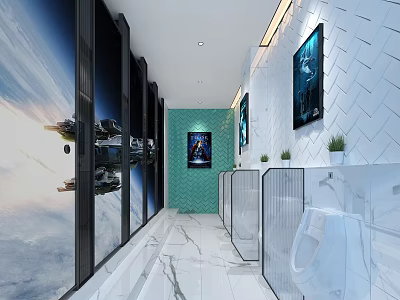 Modern Hotel Bathroom Interior With Marble Floor Glass Partitions Green Plants And Decorative Paintings 3d model
