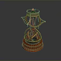 Golden Ornate Sculpture With Intricate Metal Design And Red Base Stand