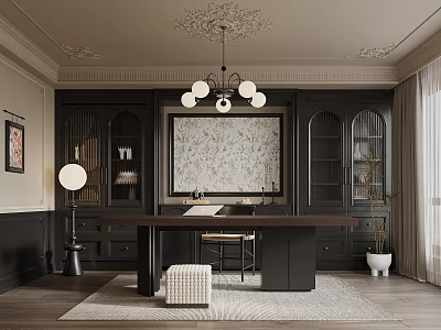 Elegant Study Room Interior With Dark Wooden Bookshelves Writing Desk And Chandelier 3d model