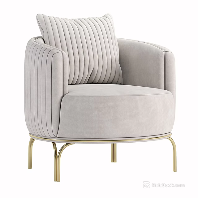 Light Gray Single Seater Sofa With Vertical Tufted Backrest And Golden Metal Legs 3d model 
