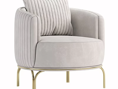 Light Gray Single Seater Sofa With Vertical Tufted Backrest And Golden Metal Legs 3d model