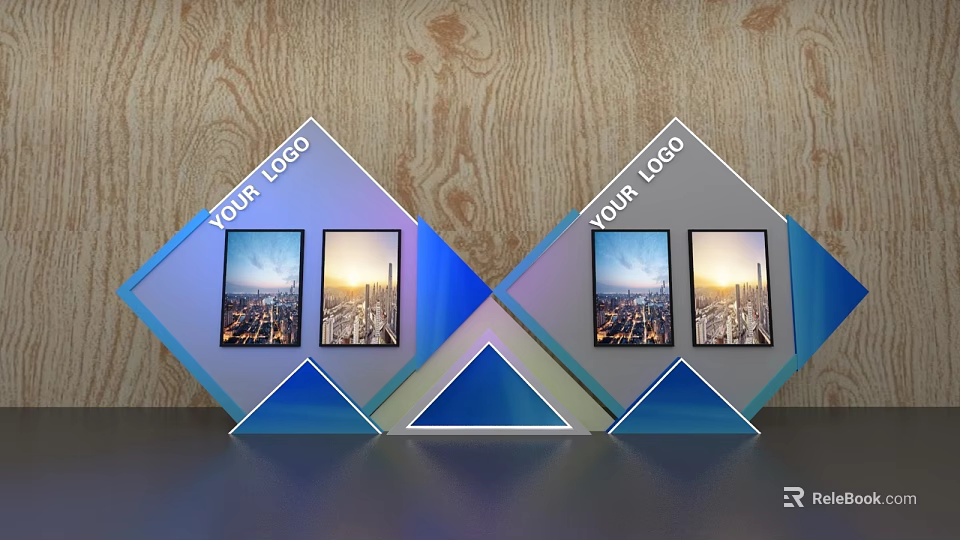 Diamond Shaped Display Shelves With LOGO And Cityscape Pictures On Wooden Background 3d model 
