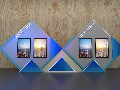 Diamond Shaped Display Shelves With LOGO And Cityscape Pictures On Wooden Background 3d model