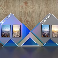 Diamond Shaped Display Shelves With LOGO And Cityscape Pictures On Wooden Background