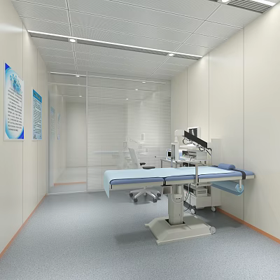 Medical Examination Room With Examination Table Medical Equipment And Wall Charts On White Walls 3d model