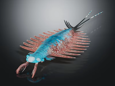 Vibrant Prehistoric Creature Featuring Blue Pinkish Segmented Body Multiple Spiny Appendages And Forked Tail 3d model