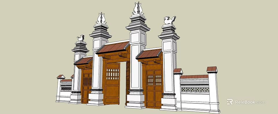 Traditional Chinese Memorial Archway With White Pillars Brown Doors Red Roofs And Decorative Carved Tops 3d model 