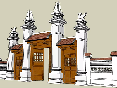 Traditional Chinese Memorial Archway With White Pillars Brown Doors Red Roofs And Decorative Carved Tops 3d model