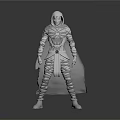 Hooded Cloaked White Armored Character in Standing Pose with Gray Gradient Background and Reflective Floor