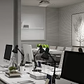 Modern Public Office Space With Workstations Computers Desk Lamps Green Plants And Office Supplies