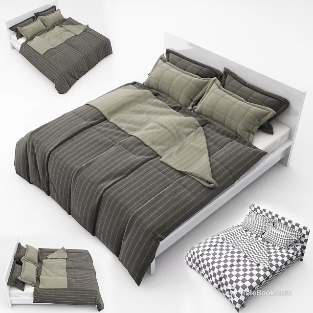 Modern Double Bed With White Frame Striped Comforter Light Green Blanket And Pillows 3d model