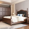 Dark Brown Leather Tufted Double Bed With Carved Headboard And Bedside Table Lamps