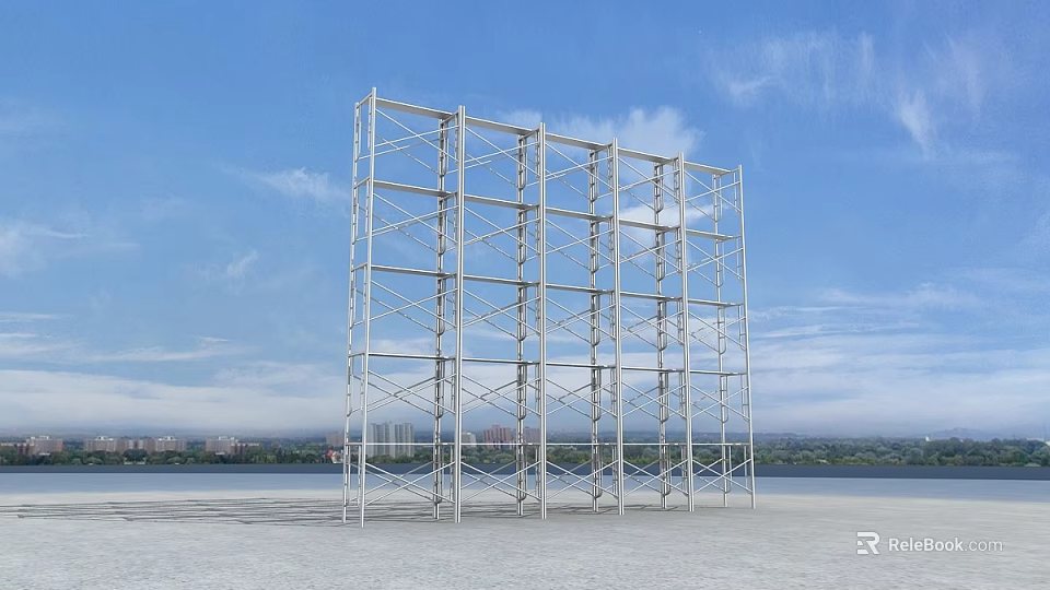 Construction Site With Tall Metal Scaffolding Structure Under Blue Sky Urban Background 3d model 
