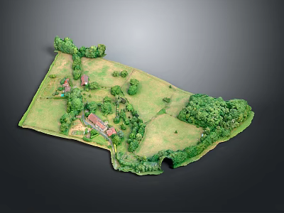 Cartoon Country Scene With Green Meadow Trees Small Houses And Rolling Hills 3d model