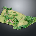 Cartoon Country Scene With Green Meadow Trees Small Houses And Rolling Hills