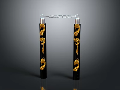 Traditional Nunchucks With Black Handles And Golden Dragon Patterns Connected By Silver Chain 3d model