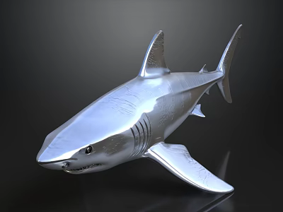 Silver Metallic Shark Sculpture Model With Glossy Surface And Detailed Fins 3d model