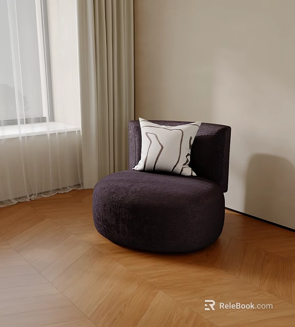 Comfy Lazy Sofa Round Purple Velvet Design With Decorative Pillow By Window On Wooden Floor 3d model 
