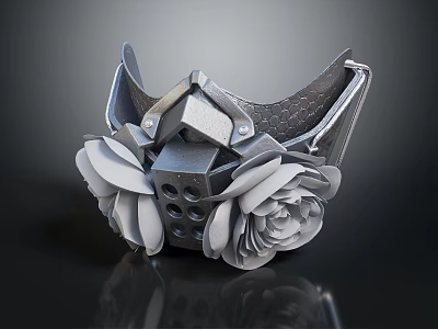 Futuristic Metallic Decorative Mask With Intricate Flower Details And Textured Surface 3d model