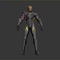 Sci Fi Character Design With Blonde Hair Red Yellow Accents Mechanical Arm And Black Bodysuit