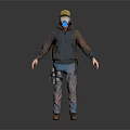 3D Worker Character Wearing Yellow Hard Hat Blue Mask Brown Jacket And Tool Belt