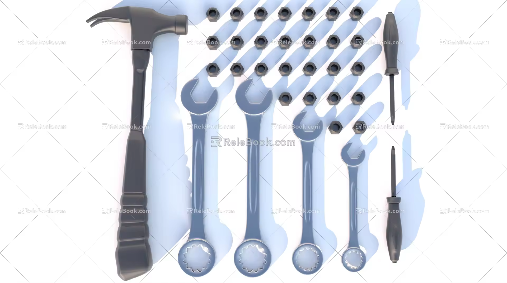 Hardware Tools Hammer Wrench Nut Screw 3d model