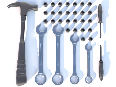 Essential Hardware Tools Set Including Hammer Wrenches Screwdrivers and Nuts for DIY Repairs 3d model