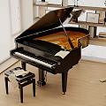 Elegant Black Grand Piano Interior With Piano Bench And Sheet Music On Wooden Floor