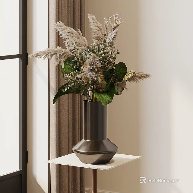 Modern Metallic Vase With Pampas Grass And Green Leaves On White Shelf 3d model 