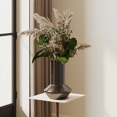 Modern Metallic Vase With Pampas Grass And Green Leaves On White Shelf 3d model