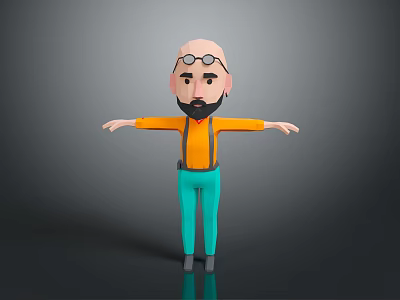 3D Cartoon Character With Goggles Beard Orange Shirt And Teal Pants Arms Outstretched 3d model
