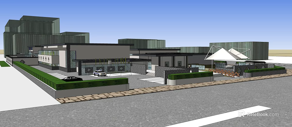 Modern Building Complex With Parking Area Green Belts And White Canopy Street View 3d model 
