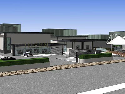 Modern Building Complex With Parking Area Green Belts And White Canopy Street View 3d model