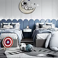 Modern Kids Room Interior With Two Beds Blue Headboards Round Wall Decor And Toys
