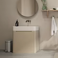 Minimalist Modern Bathroom Interior With Round Mirror Vanity Sink Wall Shelf And Freestanding Bathtub