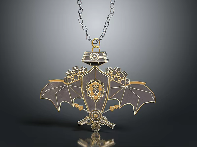 Vintage Metallic Wing Shaped Necklace With Lion Head Gear And Key Details 3d model