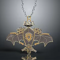 Vintage Metallic Wing Shaped Necklace With Lion Head Gear And Key Details