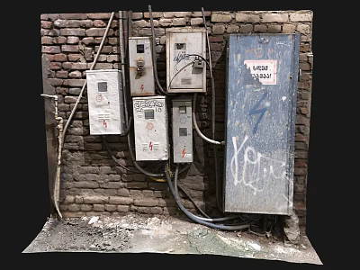 Public Utility Electrical Boxes Mounted On Weathered Brick Wall With Graffiti And Exposed Wires 3d model