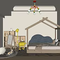 Cozy Kids Room With House Shaped Bed Blue Cloud Headboard Yellow Chair And Easel