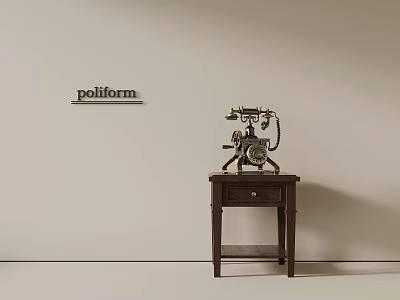 Vintage Telephone On Dark Wooden Side Table With Drawer And Poliform Sign 3d model