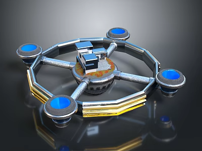Futuristic Metallic Structure With Blue Circular Components Arm Like Design And Golden Stripes 3d model