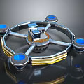 Futuristic Metallic Structure With Blue Circular Components Arm Like Design And Golden Stripes