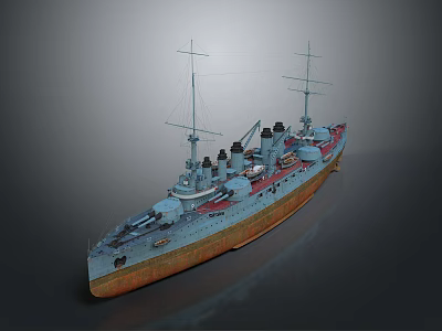 Vintage Warship With Multiple Masts Smokestacks Blue Red Hull And Rusted Bottom 3d model
