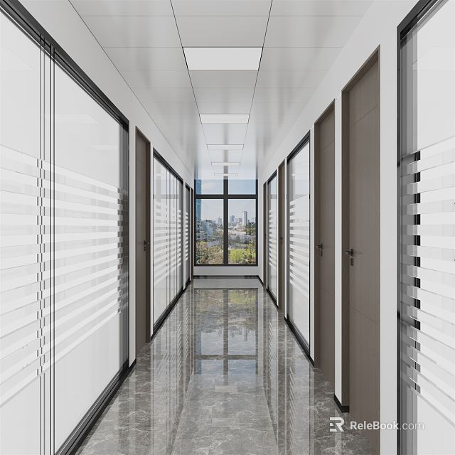 Modern Office Corridor Interior Design With Doors on Both Sides Shiny Floor and Window 3d model 