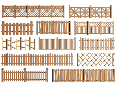 Different Types of Decorative Wooden Fences with Various Patterns and Designs 3d model