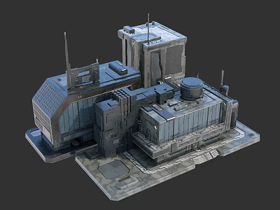 Cartoon Scene of Futuristic Industrial Buildings with Antennas Pipes and Metal Structures 3d model