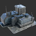 Cartoon Scene of Futuristic Industrial Buildings with Antennas Pipes and Metal Structures